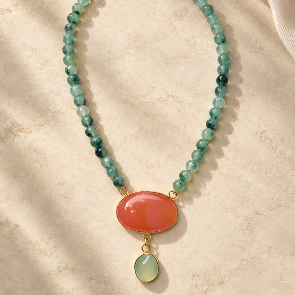 Green & Coral Stone Pendant Necklace