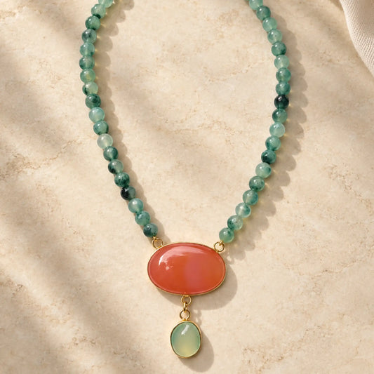 Green & Coral Stone Pendant Necklace