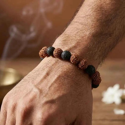 Rudra Shield Bracelet - Natural Rudraksha & Lava Stone Bracelet