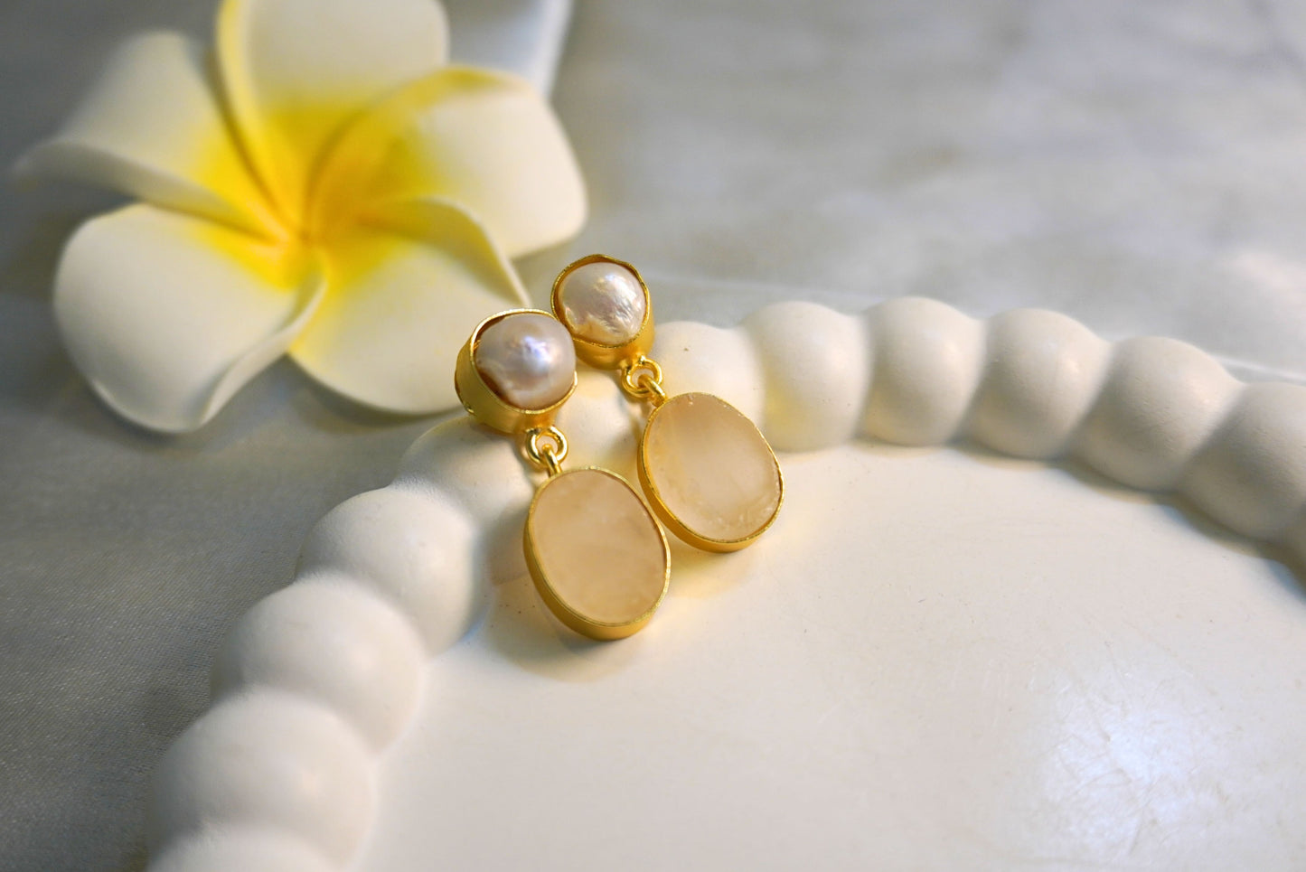 Pearl & Rose Quartz Drop Earrings - ZyoraStore
