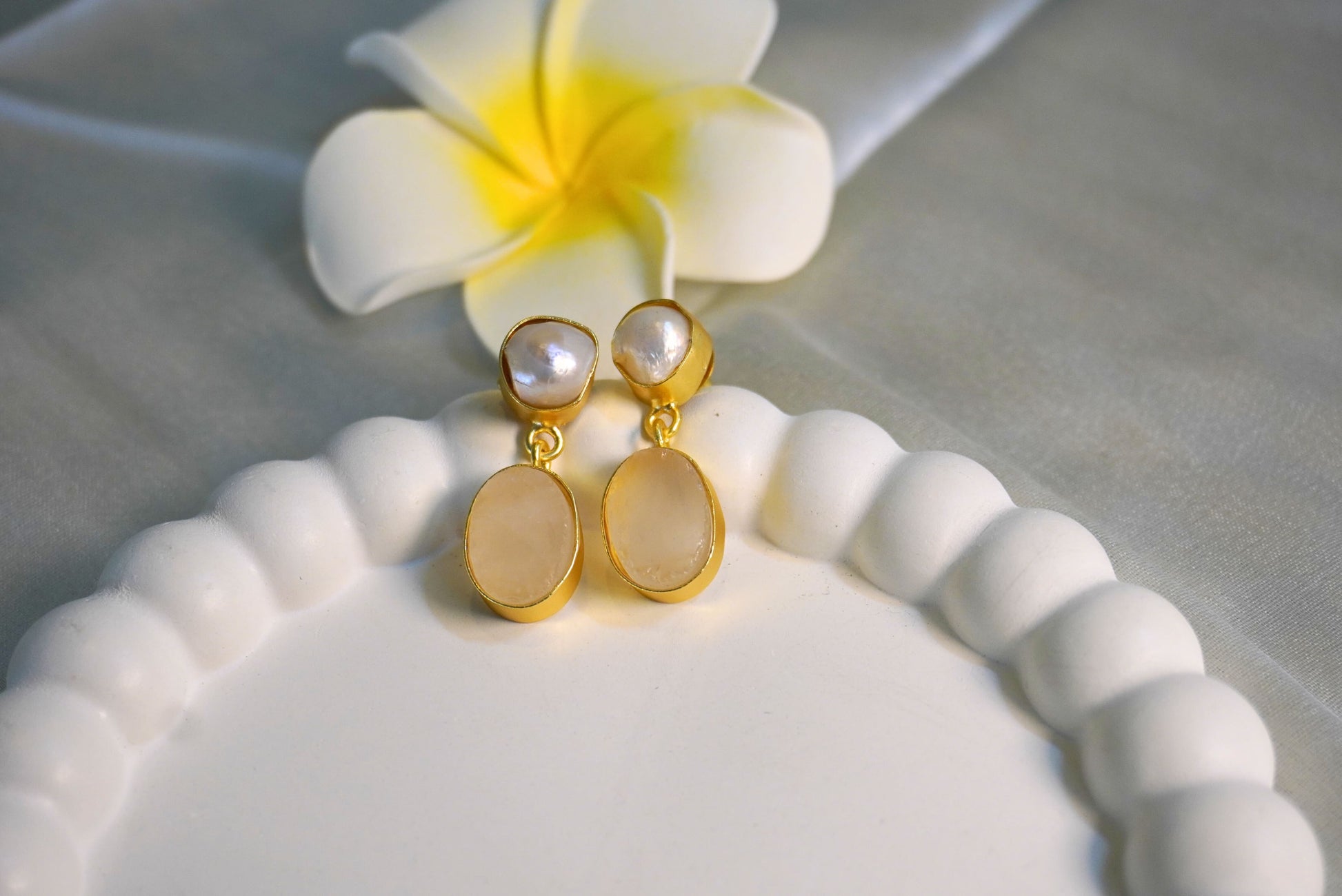 Pearl & Rose Quartz Drop Earrings - ZyoraStore