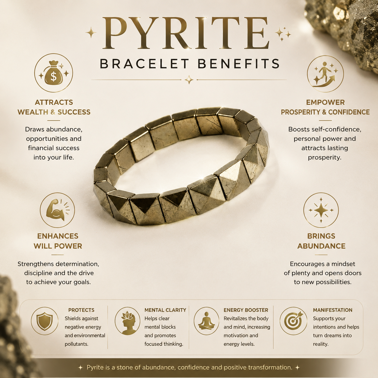 Pyrite Pyramid Bracelet – Natural Wealth & Success Stone Bracelet