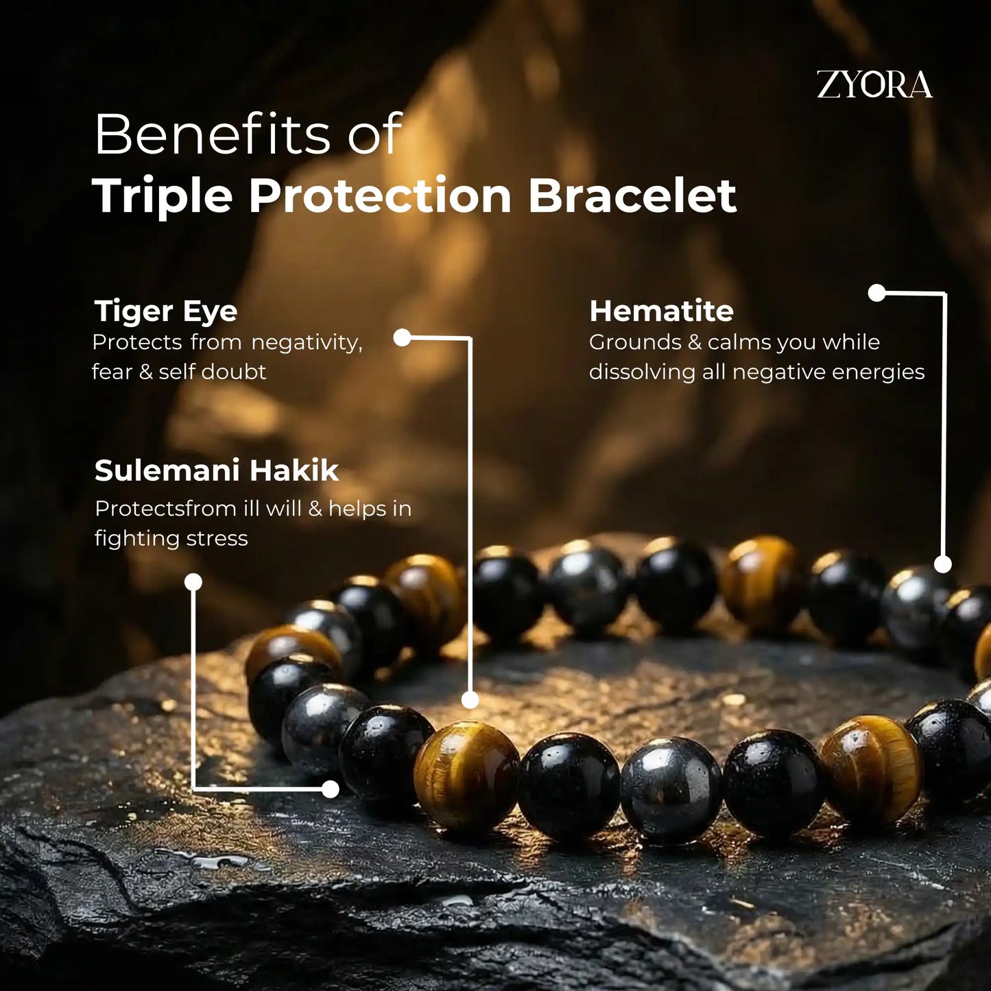 Triple Protection Bracelet | Tiger Eye, Hematite & Sulemani Hakik
