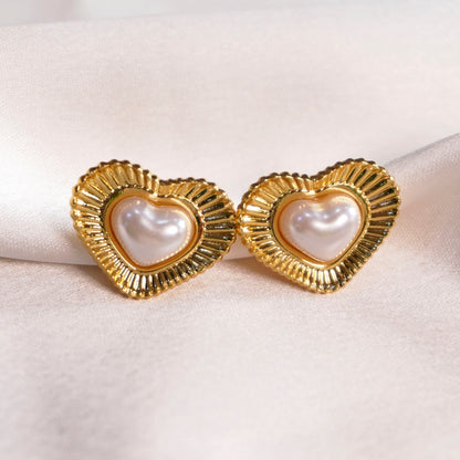 Pearl Heart Gold Stud Earrings