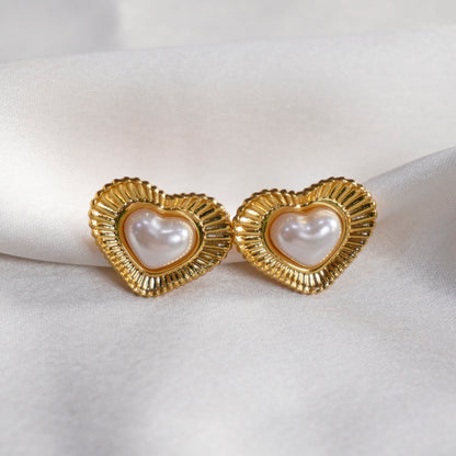 Pearl Heart Gold Stud Earrings