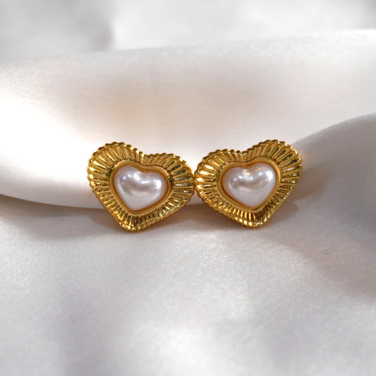 Pearl Heart Gold Stud Earrings