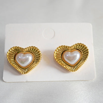 Pearl Heart Gold Stud Earrings