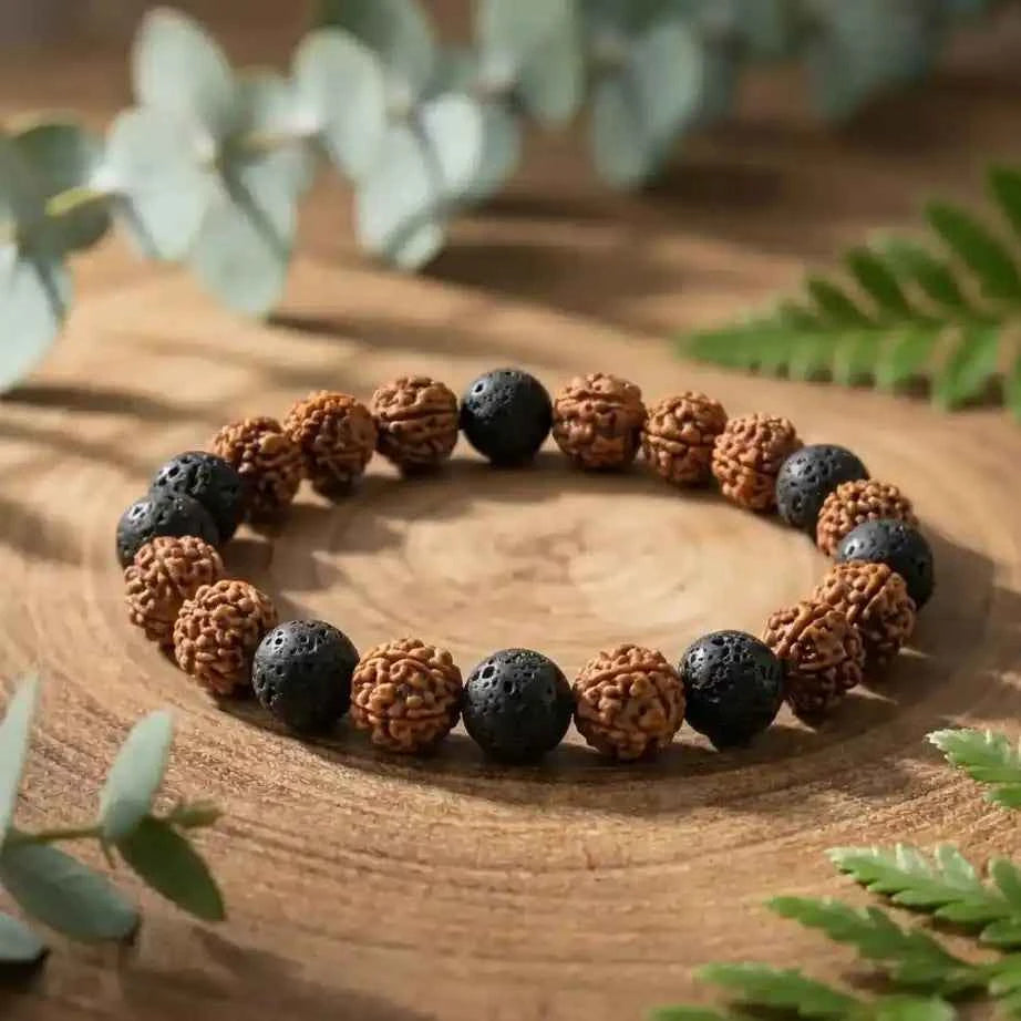 Rudra Shield Bracelet - Natural Rudraksha & Lava Stone Bracelet