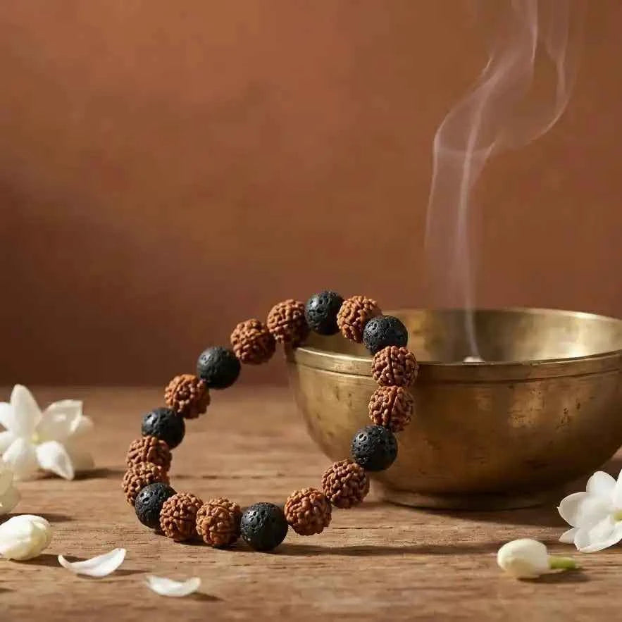 Rudra Shield Bracelet - Natural Rudraksha & Lava Stone Bracelet